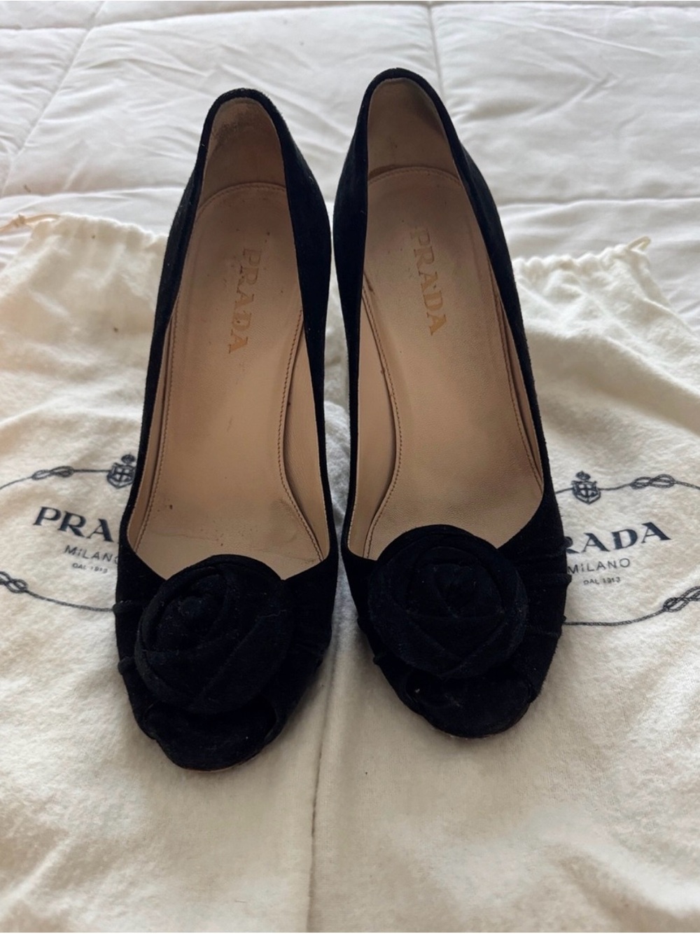 Prada Black Velvet Rose Detail Pumps